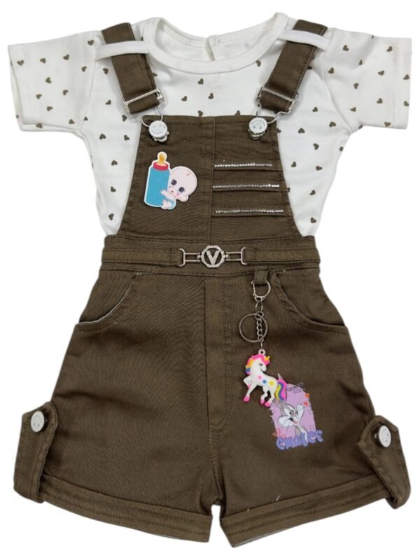 Playful Brown Dungaree Shorts Set with Heart Print Top for Girls