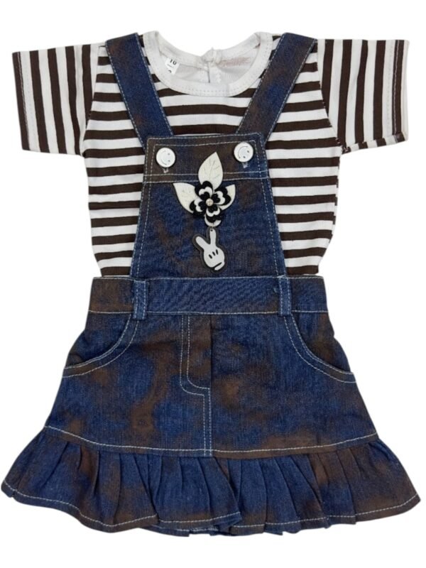 Charming Girls' Denim Dungaree Frock Dress with Brown & White Striped Top