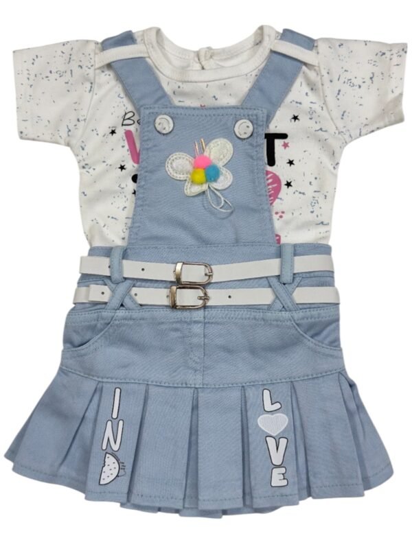 Charming Baby Blue Denim Dungaree Frock with Printed Top & Belt