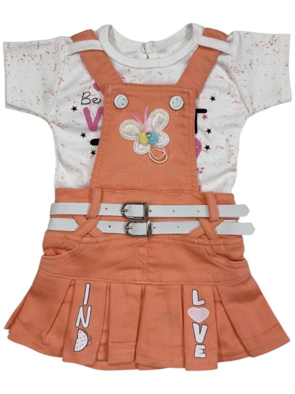 Charming Peach Dungaree Frock Dress with Printed Top & Belt for Girls