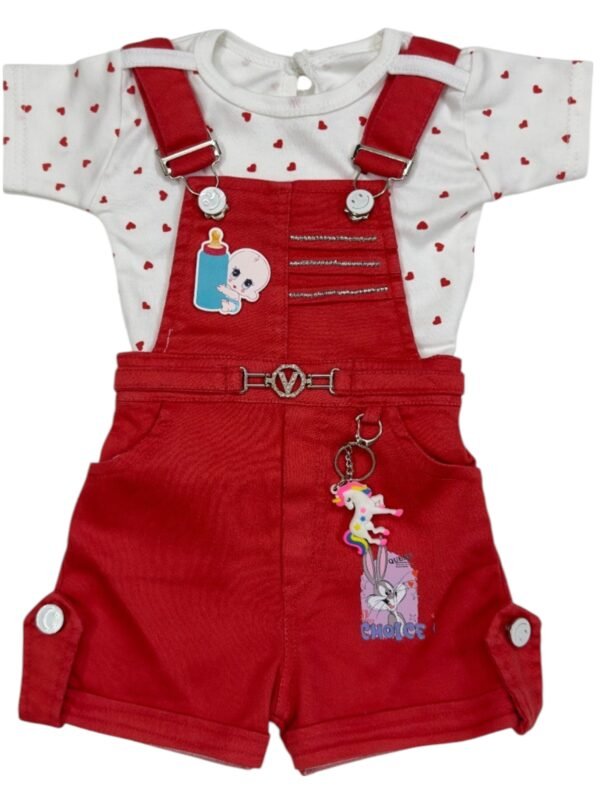Playful Red Dungaree Shorts Set with Heart Print Top for Girls
