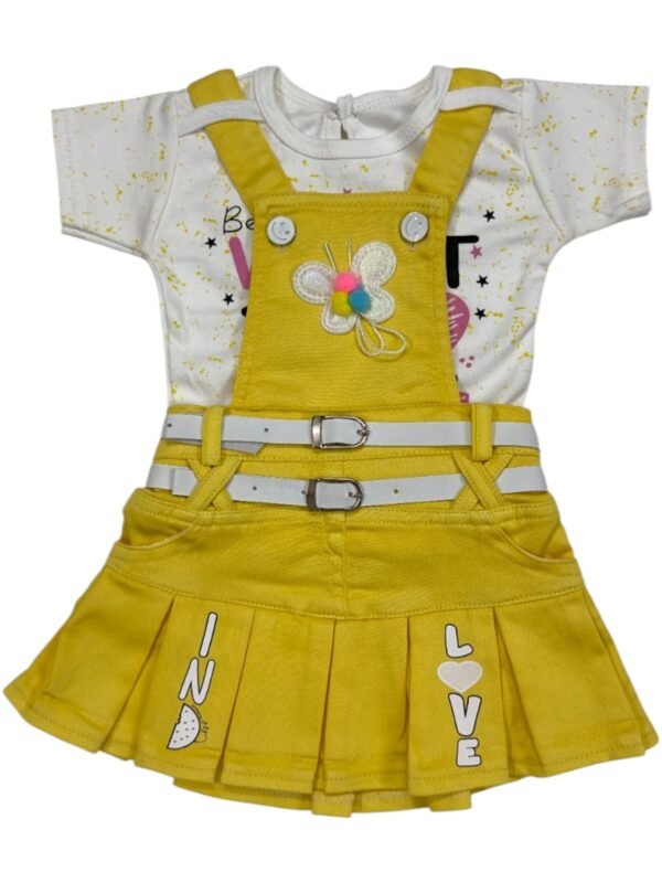 Vibrant Yellow Dungaree Frock Dress with Printed Top & Belt for Girls